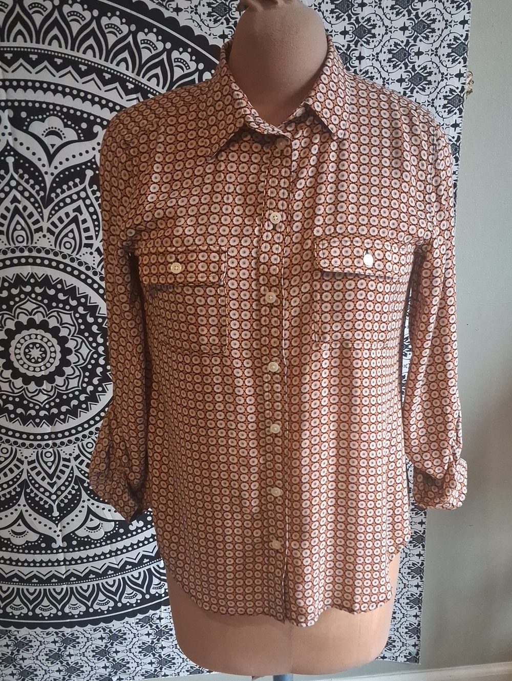 LOFT Rust and White Geometric Button-Down Blouse